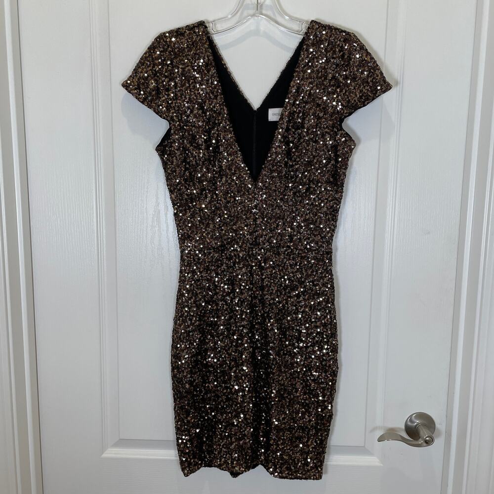 Dress the Population Bronze Sequins Zoe Bodycon Brown Vneck Cap Sleeve‎ Mini XS - Picture 2 of 5
